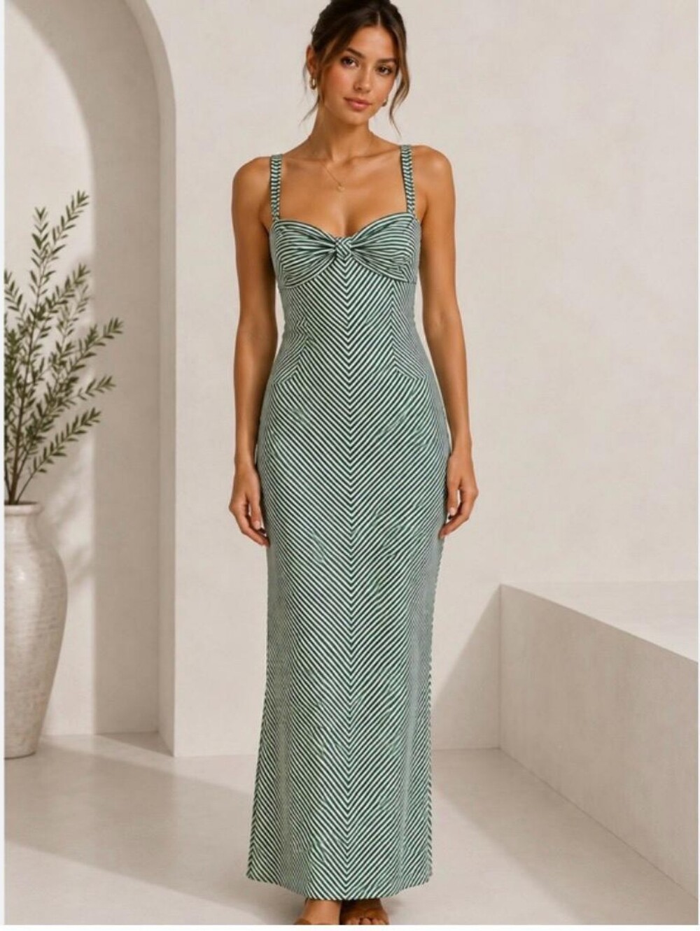 Max Studio Green Striped Halter Maxi Dress Size S